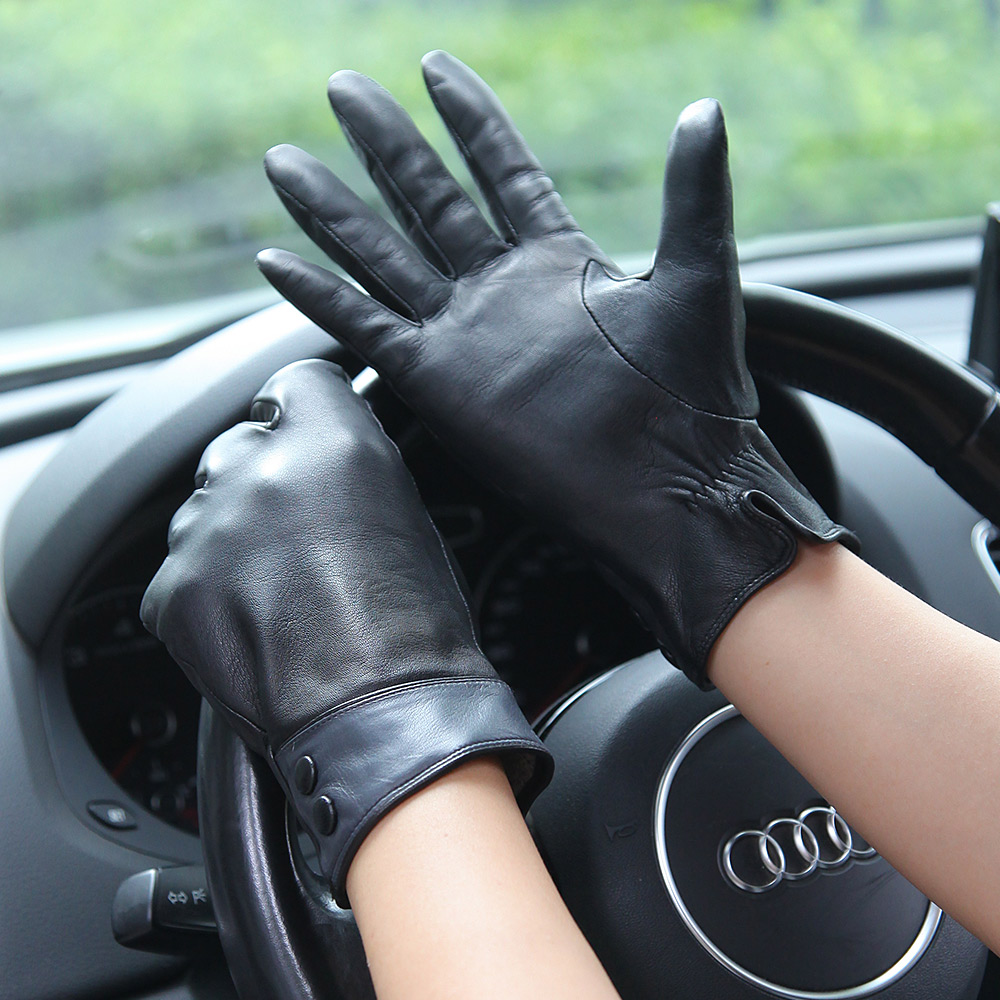 Wool Glove Lined - Fashion Black Real Leather Gloves Female
