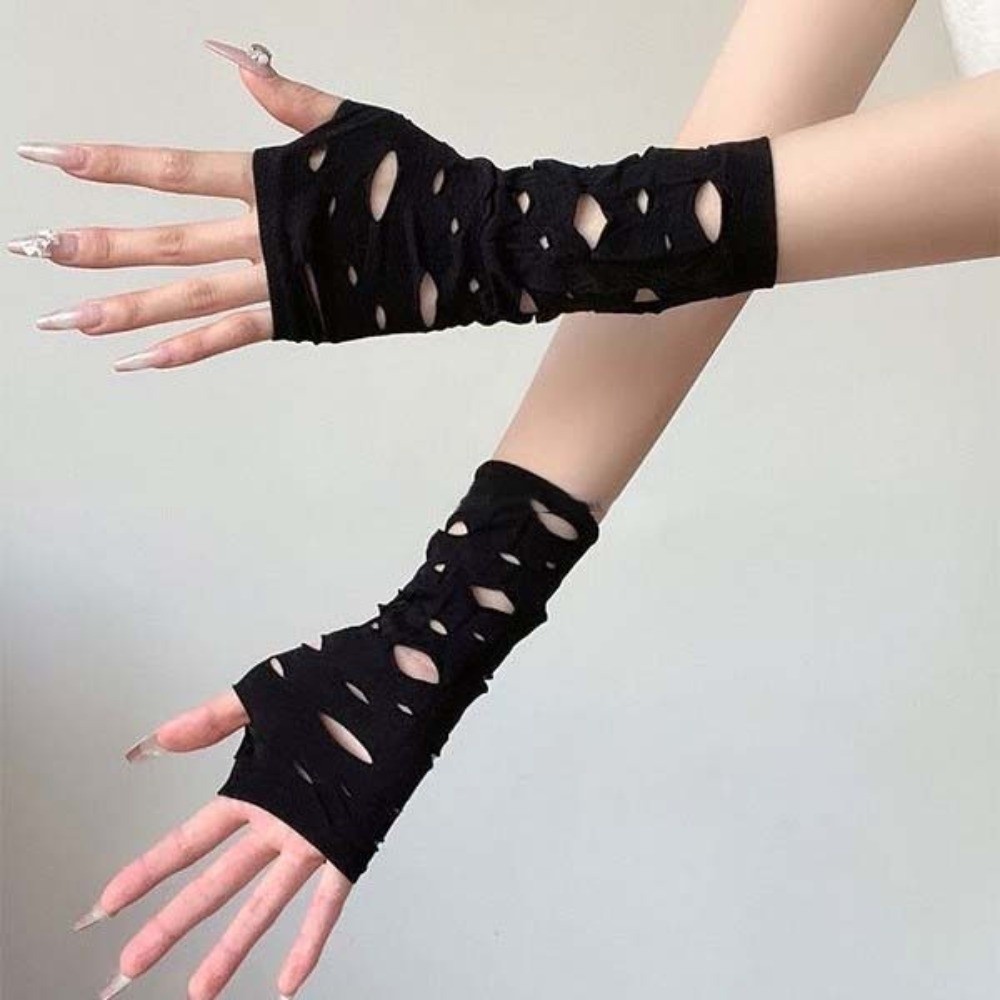 Fingerless Glove Knit - Sleeve Covers Ripped Arm Warmers Black