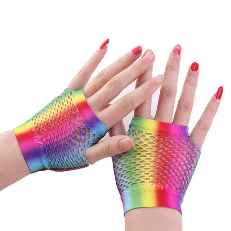 Fingerless Glove Knit - Ladies Sexy Rainbow Color Short Mesh
