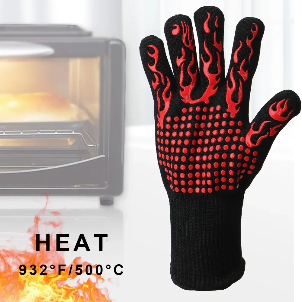 Oven Mitt Silicone - Flame Retardant Non-slip BBQ Fire Gloves