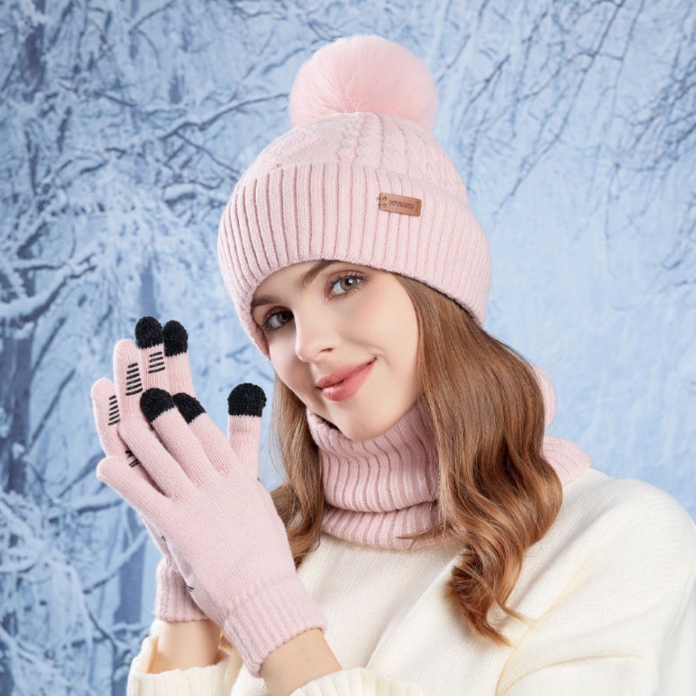 Wool Glove Lined - 3pcs Simple Solid Color Hat Scarf