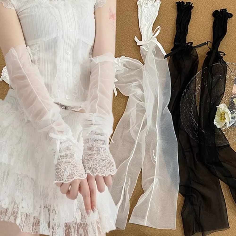 Fingerless Glove Knit - Y2K Lace Ruffle Mesh Gloves Bowknot