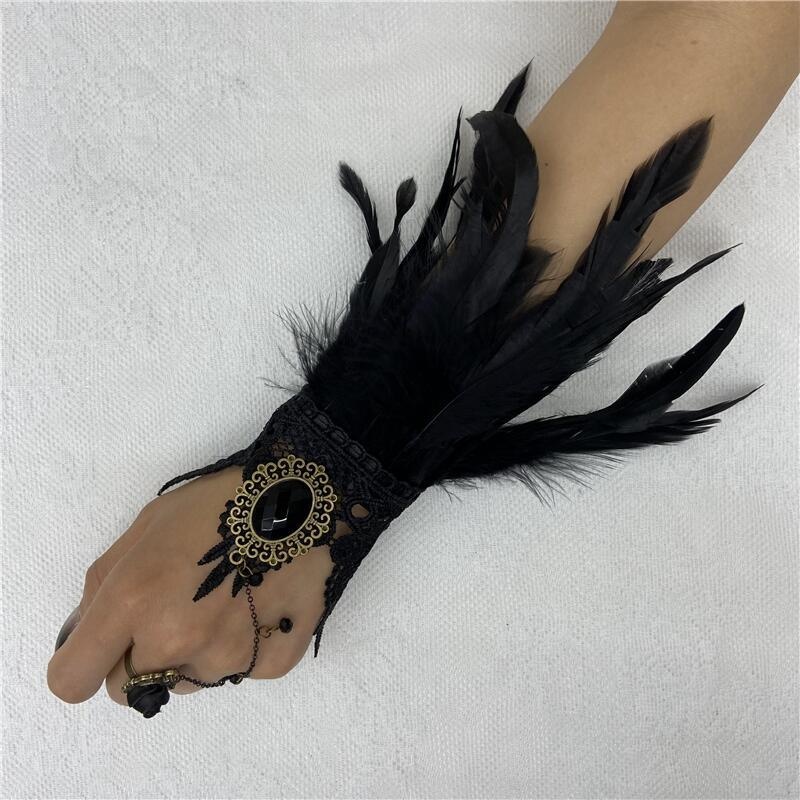 Motorcycle Glove Knuckle - Halloween Feather Lace Gloves Fingerless Mittens